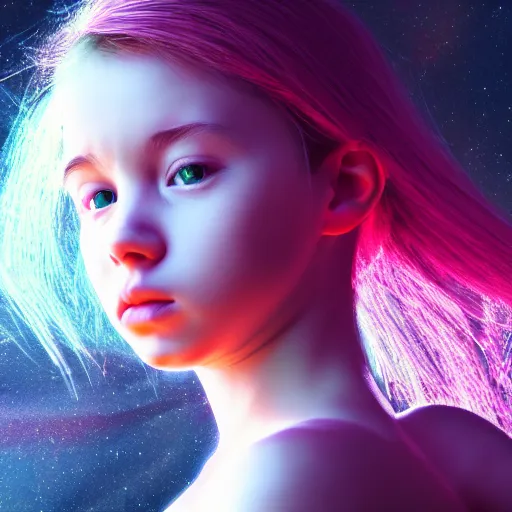 Prompt: noisy color photograph of girl looks at the space, hyper detailed, 8 k realistic, unreal render, mega detailed, epic, volumetric light, hyperrealistic