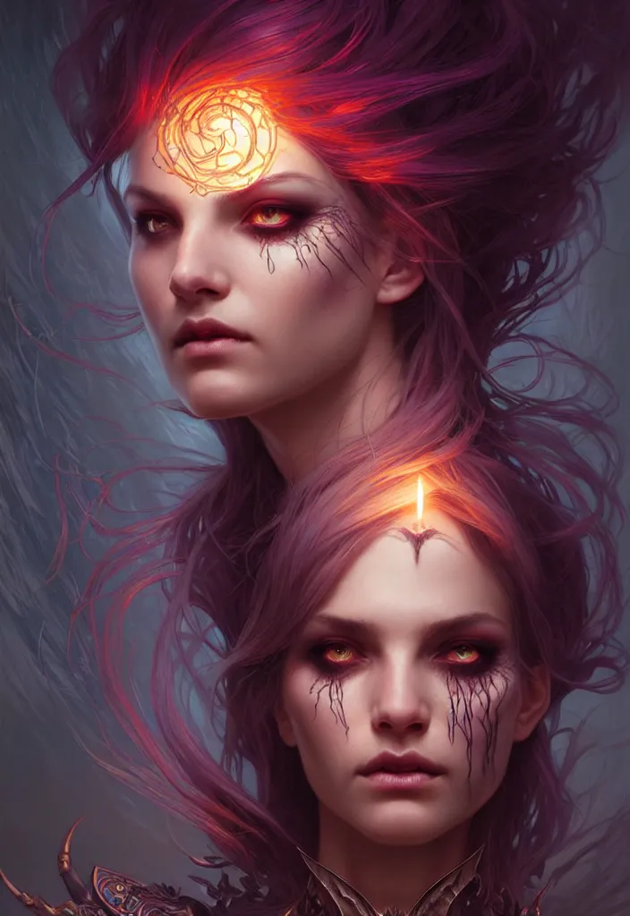 Image similar to Necromancer Sorceress face in center, fantasy magic, undercut hairstyle, dark light night, intricate, elegant, sharp focus, illustration, highly detailed, digital painting, concept art, matte, art by WLOP and Artgerm and Greg Rutkowski and Alphonse Mucha, masterpiece