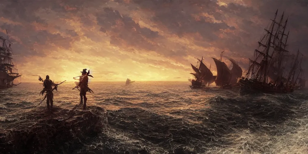 Image similar to two pirates facing each other in death duel, axes, gun, smoldering barrel, gunpowder smoke, dramatic, bloody scene, sunset background, ship on the horizon!, portrait 4 / 3, high detail, greg rutkowski, james gurney, gene wolfe, gustave dore, jesper ejsing, rhads, makoto shinkai, ilya kuvshinov