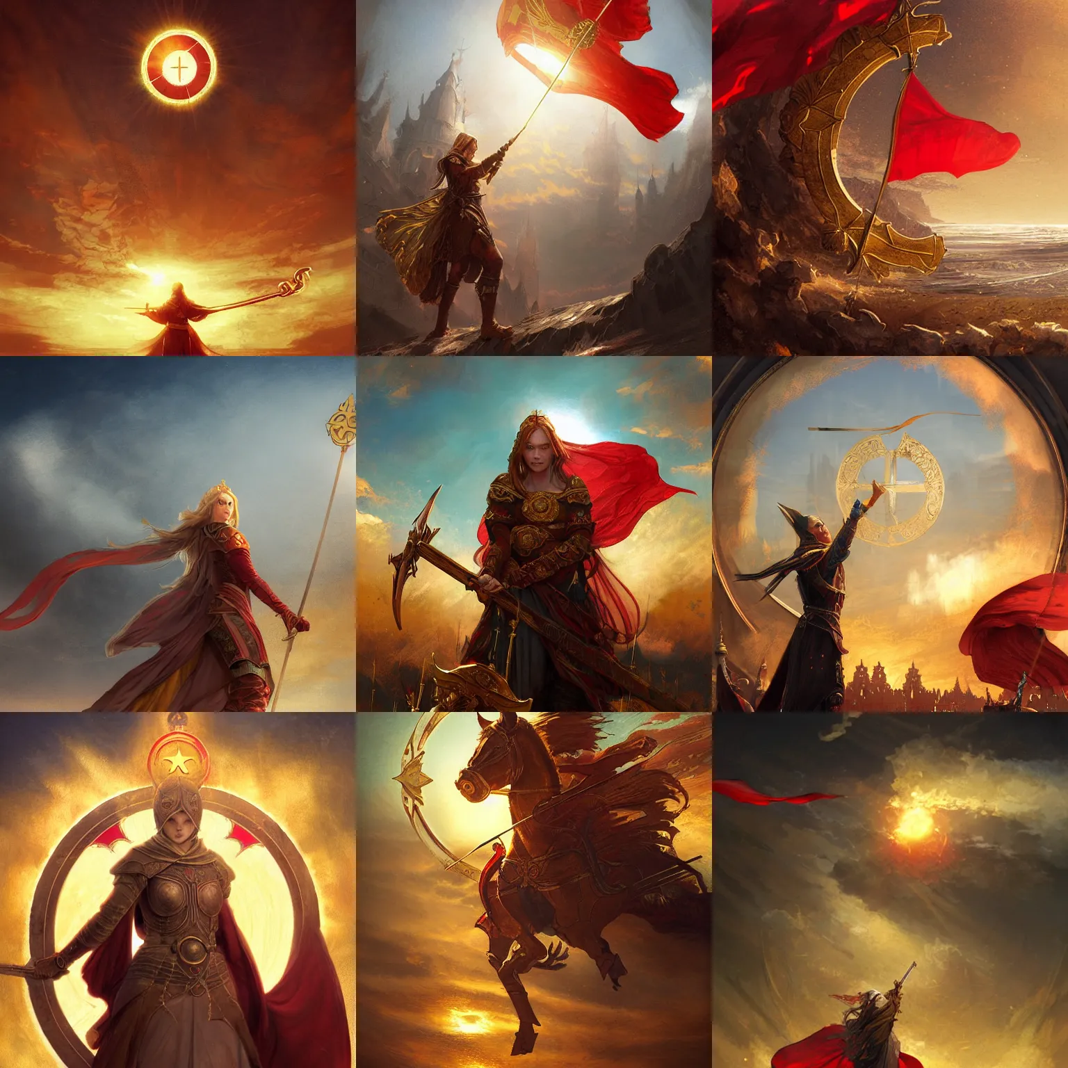 Prompt: red flag with golden sun symbol floating in sky, medieval, intricate, highly detailed, digital painting, concept art, sharp focus, illustration, aleksi briclot, rutkowski, mucha