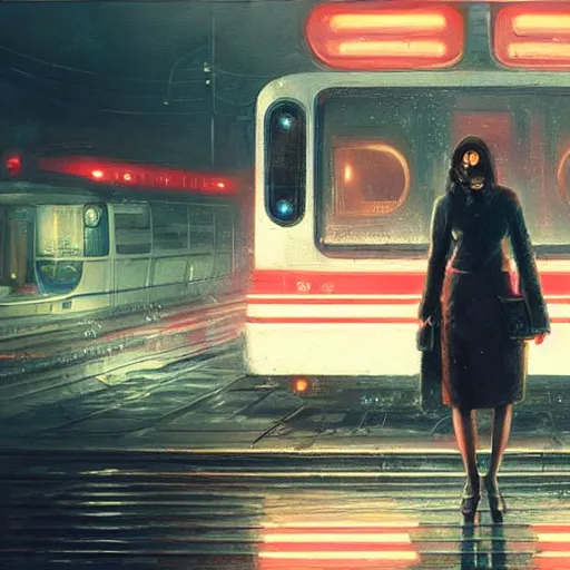 Image similar to detailed portrait of a woman, moment, cyberpunk elevated train, electronic billboards, tech noir, wet reflections, atmospheric, ambient, livia prima, greg rutkowski, edward hopper, pj crook