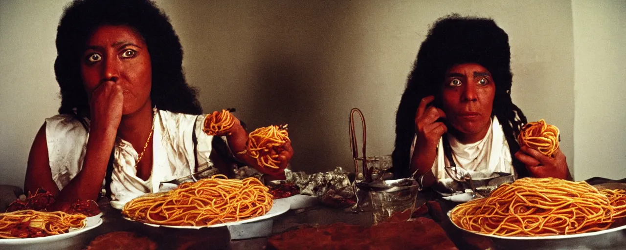 Image similar to queen hatshepsut of punt, enjoying a feast of spaghetti, in the style of diane arbus, canon 5 0 mm, kodachrome, retro