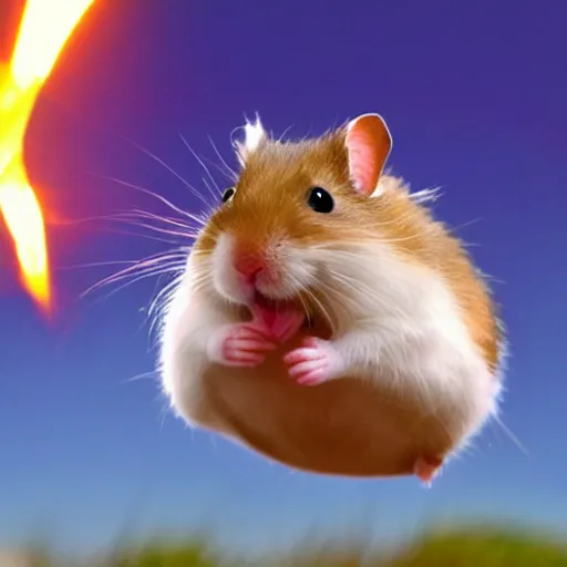 Image similar to a photo of a hamster flying using a jetpack while launching missiles at the camera