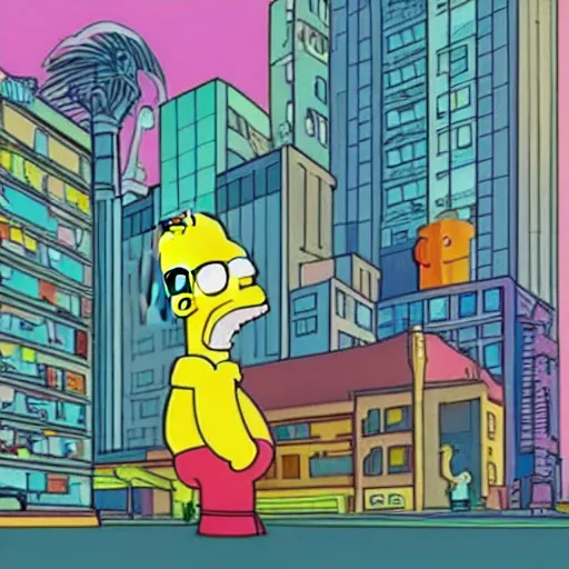 Image similar to homer simpson in a florescent stylized cyberpunk city