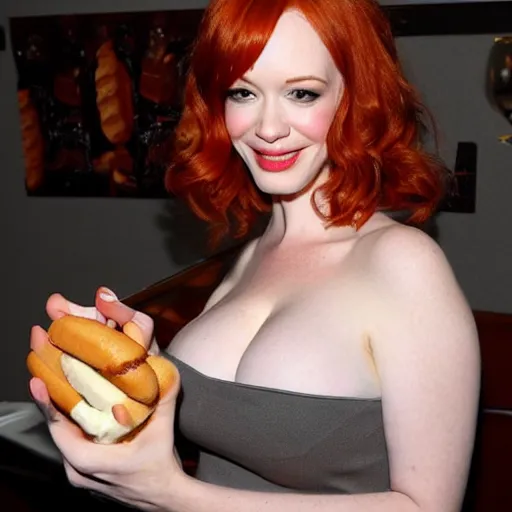 Prompt: Christina Hendricks eating a hot dog