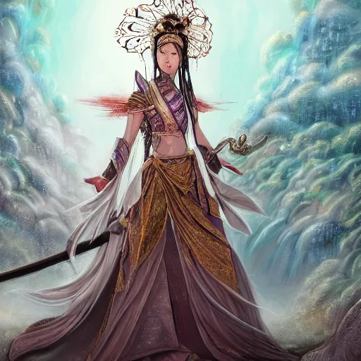 Image similar to beautiful ancient fantasy portrait of wuxia armor heroine, wearing Xian Xia wardrobe, in forbidden City, hybrid from Dynasty Warriror, flowers sea rainning everywhere, intricate, very very beautiful, elegant, highly detailed, digital painting, beautiful glowing galaxy eyes, human anatomy, hyperrealistic, soft light, dynamic, artbreeder, artstation, fantasy concept art, smooth, sharp focus, illustration, art by tian zi and alphonse mucha and WLOP