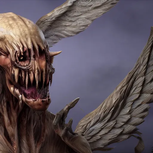 Image similar to cinematography picture of monster with angel wings and human skin, no eyes, long jaw, holding a spear, 8k, unreal engine 5, ps5, hyperrealistic, artstation, higly detailed