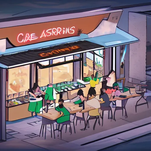 Image similar to cute and funny cartoon of australian cafe teaching customers how to smoke cannabis for the first time, axonometric render by pixar