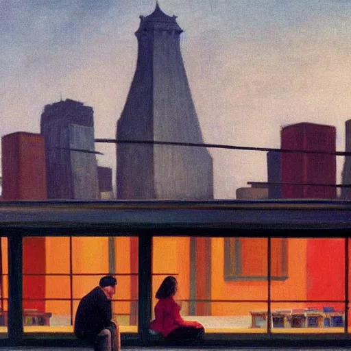 Image similar to a small rooftop with a couple of people sitting and watching the view, wearing black modern clothes, modern shanghai bund is on the background, sunset, by edward hopper, by gregory crewdson