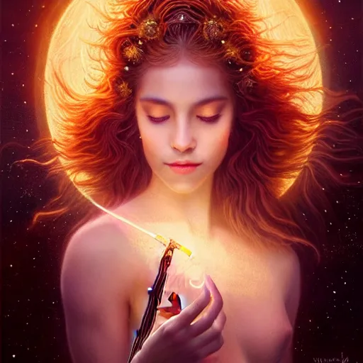 Image similar to a high quality life like portrait of a very very beautiful! celestial goddess of life playing a mysterious violin and springing life into the universe, highly detailed, intricate, sharp focus, fantasy, cinematic lighting, dreamlike, exotic, mystery, realistic, trending on artstation, fantasy, by WLOP and greg rutkowski