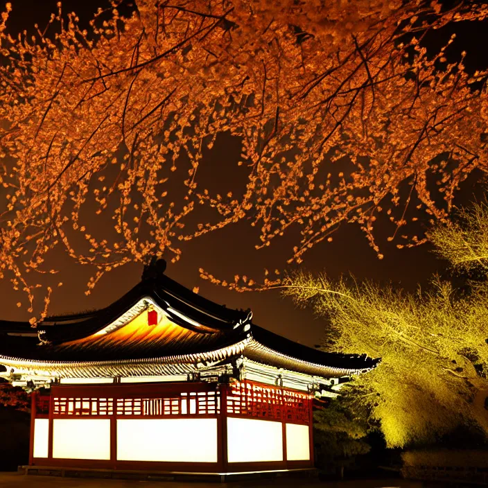 Prompt: Authentic illustrations of At night, willows and peach trees full of peach blossoms are strewn at random on both sides of the pavilions, and the bright moon is directly above the pavilions, Chinoiserie，light effect.