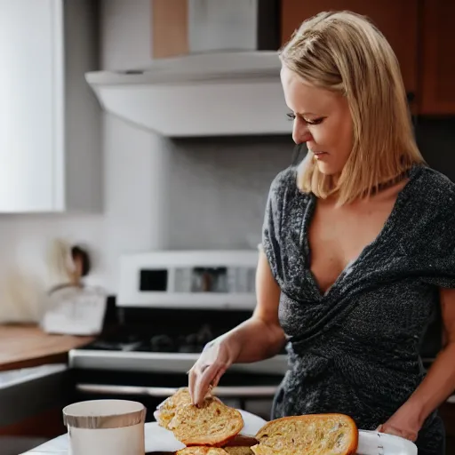 Image similar to Swedish blonde wife making breakfast to her husband,