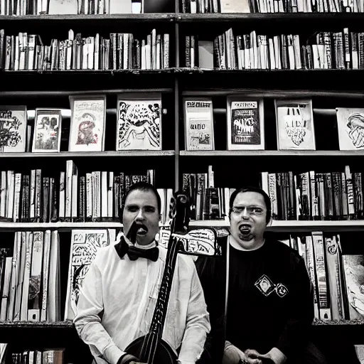 Prompt: “a portrait of an alien mariachi band in a book store, Sigma 24mm f/8”