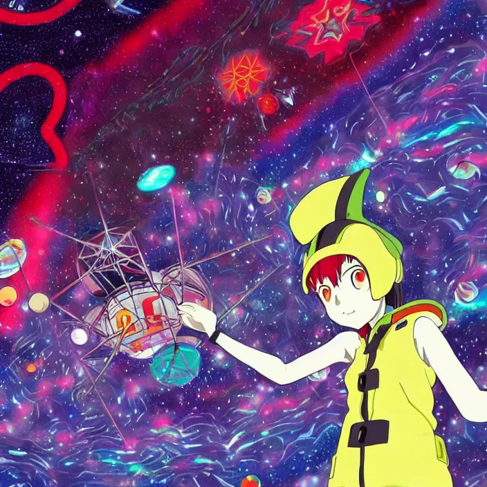 Image similar to close up of mamimi samejima from flcl, psychedelic background, epcot, inside a space station, eye of providence, female anime character, giygas, charles burchfield