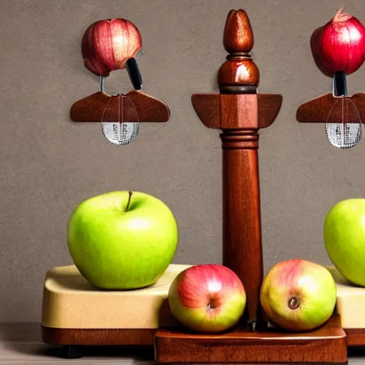 Prompt: set of balance scales with weights, weighing one apple and one onion