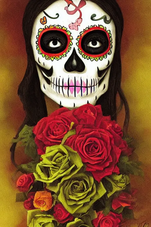 Prompt: Illustration of a sugar skull day of the dead girl, art by Thomas Cole