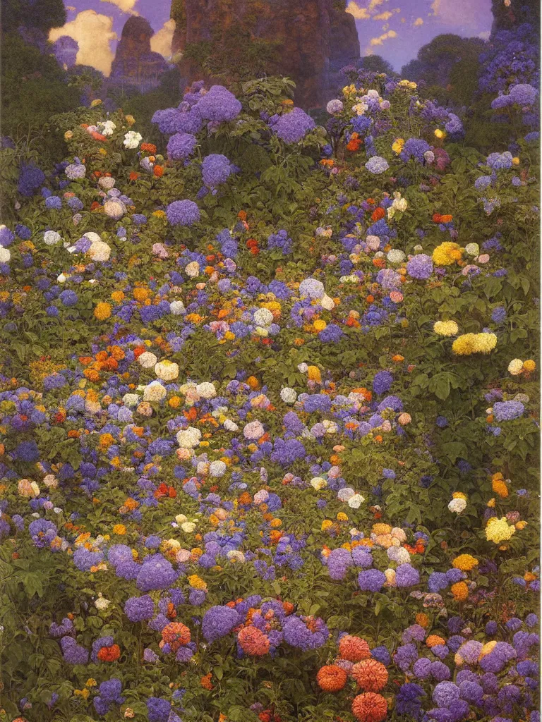 Prompt: The Grand Temple of Flowers, by Elihu Vedder and Maxfield Parrish, hyperrealism