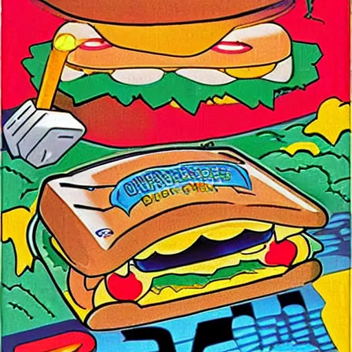 Prompt: video game box art of a commodore 6 4 game called burger dash.