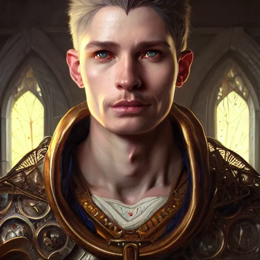 Image similar to portrait painting of a d & d male cleric, ultra realistic, concept art, intricate details, eerie, highly detailed, photorealistic, octane render, 8 k, unreal engine. art by artgerm and greg rutkowski and charlie bowater and magali villeneuve and alphonse mucha