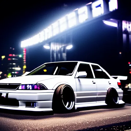 Image similar to a car JZX90 twin turbo drift at illegal car meet, Shibuya prefecture, city midnight mist lights, cinematic lighting, photorealistic, highly detailed wheels, high detail