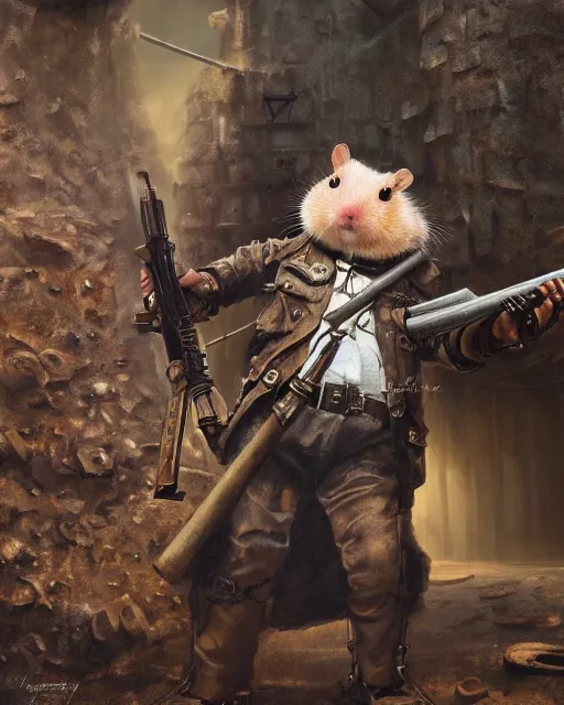 Prompt: oil painting of anthropomorphized hamster holding Rifle, steampunk clothes, close shot, full body, dark steampunk mine shaft background, sharp focus, fantasy style, octane render, volumetric lighting, 8k high definition, by greg rutkowski, highly detailed, trending on art Station, dungeons and dragons artwork, centered