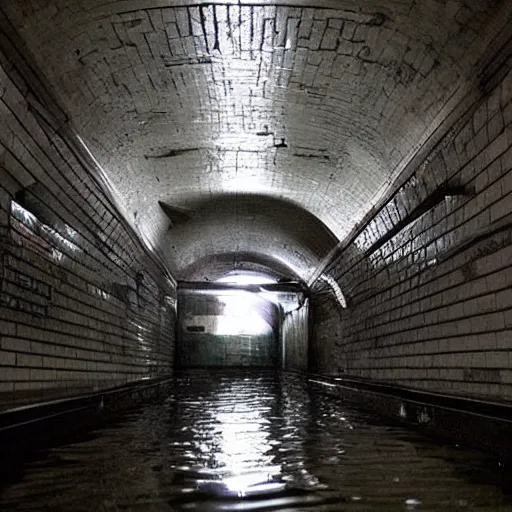 Prompt: flooded subway liminal space, uneasy, old signage, pristine tiling, foreboding, trending on / r / creepy