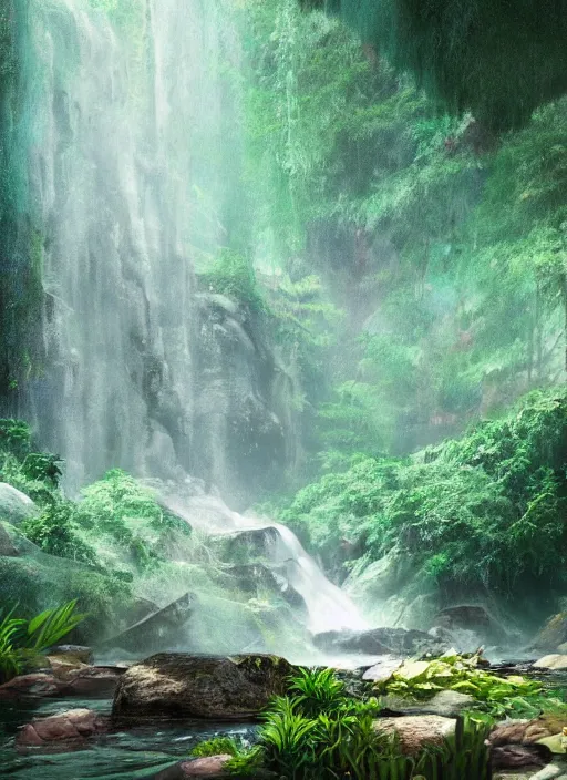Prompt: great jungle turquiose waterfall, highly detailed, mist, god rays, cinematic, cinematic lighting, octane render, ultra details, painting by tyrus wong, 8K