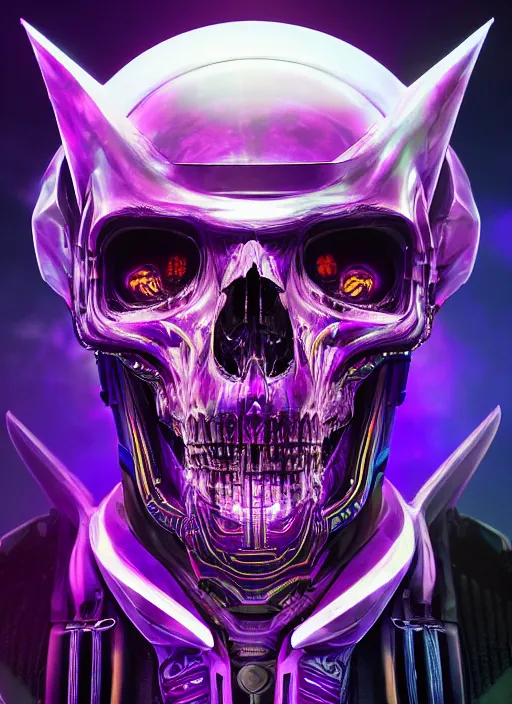 Image similar to album art of a futuristic skull with glowing eyes and a purple background, cyberpunk art by android jones, behance contest winner, computer art, darksynth, synthwave, rendered in cinema 4 d