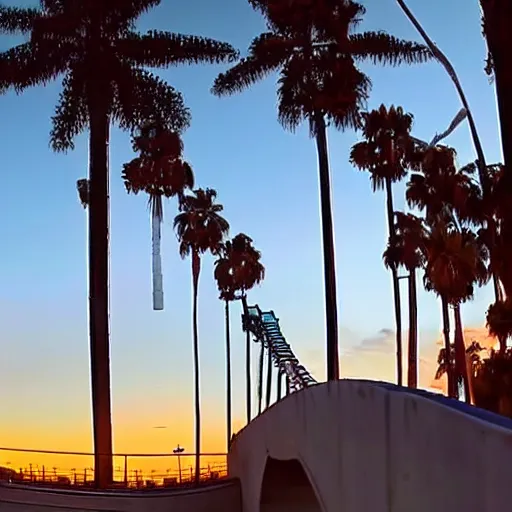 Image similar to blue hour, mostly cloudy sky, palm trees, bridge, curved bridge, dusk, 2 4 0 p footage, 2 0 0 6 youtube video, 2 0 0 6 photograph, low quality photo, home video