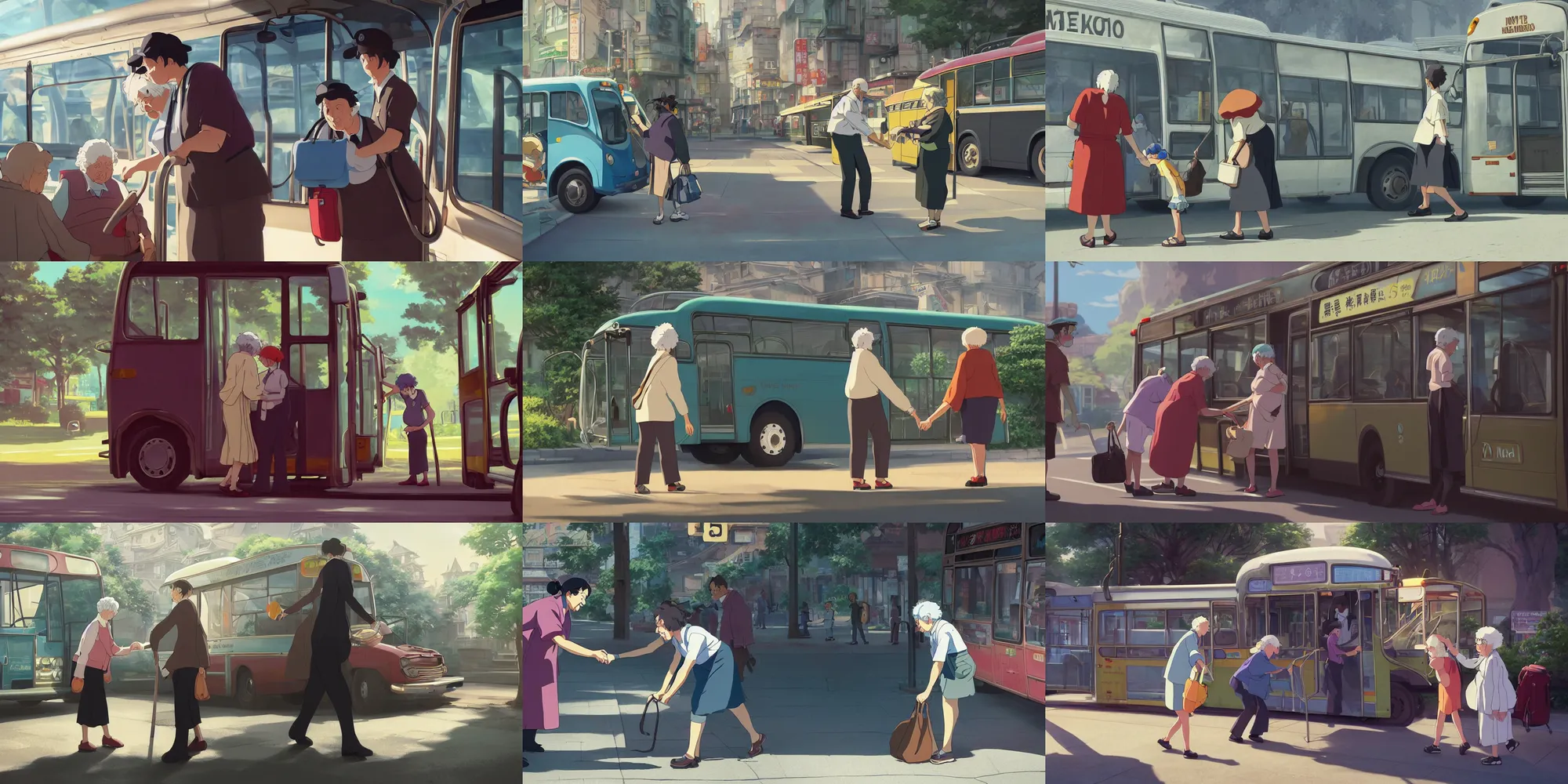 Prompt: a wholesome animation key shot of a bus driver helping an elderly lady enter the bus, medium shot, waist up, studio Ghibli, Pixar and Disney animation, sharp, Rendered in Unreal Engine 5, anime key art by Greg Rutkowski, Bloom, dramatic lighting