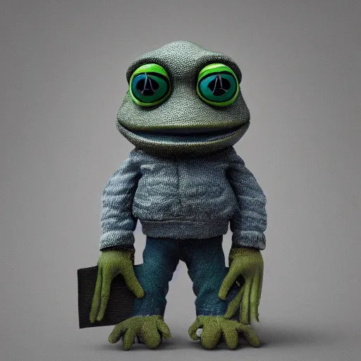 Image similar to perfectly accurate miniature figure of pepe the frog wearing jeans and a black leather jacket, soft textures, skin texture, clothing, 3d sculpture, textured, fine detail, lifelike, photo, high resolution, octane render, post processing, after effects, trending on artstation