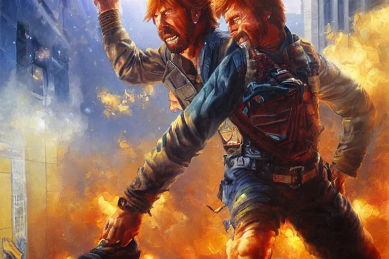 Image similar to chuck norris kicking out a window, an oil painting by ross tran and thomas kincade