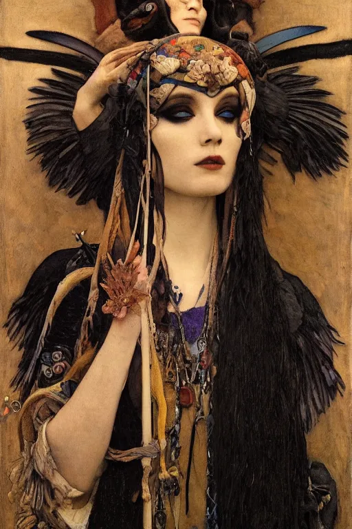 Image similar to a raven dressed as a goth shaman, by Annie Swynnerton and Nicholas Roerich and John Bauer and jean delville and John William Godward and Donato Giancola and Vermeer, black leather and embroidered velvet, iridescent beetles, rich color, dramatic cinematic lighting, featured on Artstation, extremely detailed