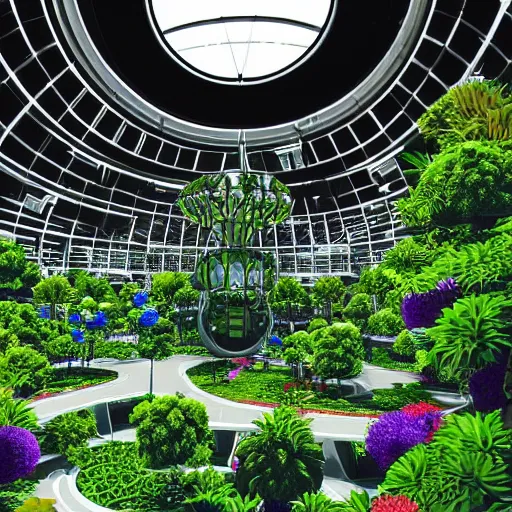 Prompt: paradise city arcology inside a giant domed space station. green plants and fruit trees everywhere around natural futuristic structures. beautiful 4 k