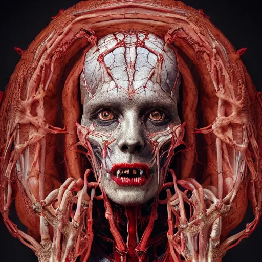 Prompt: portrait of Paimon, one of the kings of hell as human with translucent skin, visible muscles and veins and arteries and bones and spines and nerves, beautiful detailed intricate insanely detailed octane render, 8k artistic photography, photorealistic, chiaroscuro, by David Cronenberg, Raphael, Caravaggio