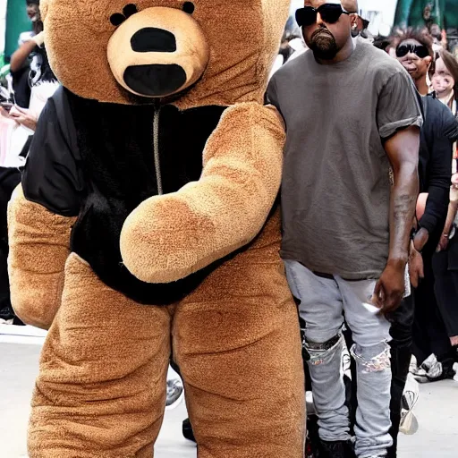 Image similar to Kanye West in a giant bear suit