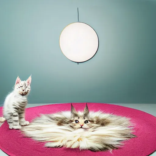 Prompt: digital artwork of a playful cream - colored maine coon kitten is alone and plays with its toys batting them around and chasing them on a colorful round throw rug with tassels in the middle of a dusty kitsch filled parlor. a beam a dusty light comes in from a window. the key light is soft, diffused. the round throw is brightly lit. warmth, nostalgia.