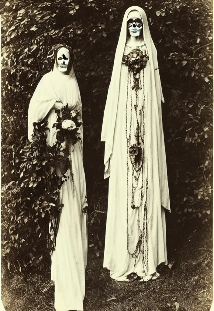 Image similar to photo taken in the 1 9 1 0's, full body view, one woman, virgin mary, dia de muertos dress and make up