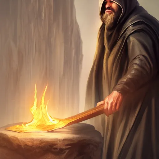 Prompt: A hooded young bearded male mage summoning a daemon matte painting by Peter Morbacher concept art by Moebius ArtStation trending award winning photography