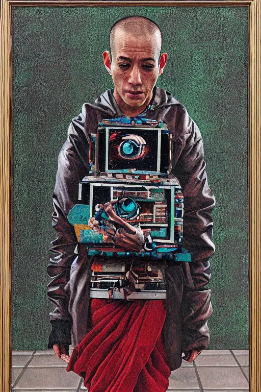 Image similar to robot monk painting a self - portrait on a canvas. intricate, highly detailed, photorealistic, film still, by christopher doyle.