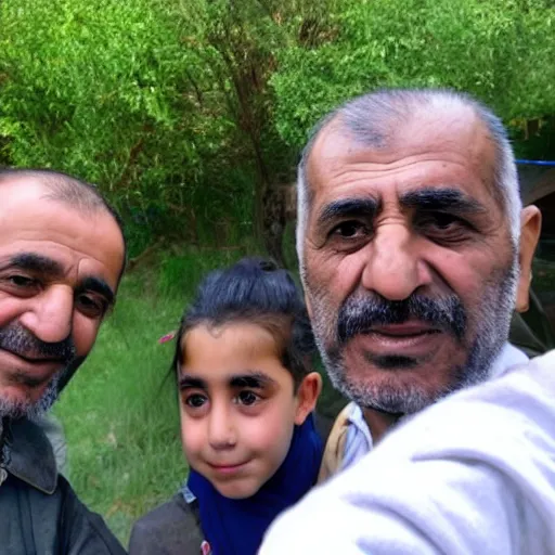 Prompt: my Kurdish dad taking a selfie with the front camera, in the background you can see a chimpanzee wearing male kurdish clothes, 4k uhd photo