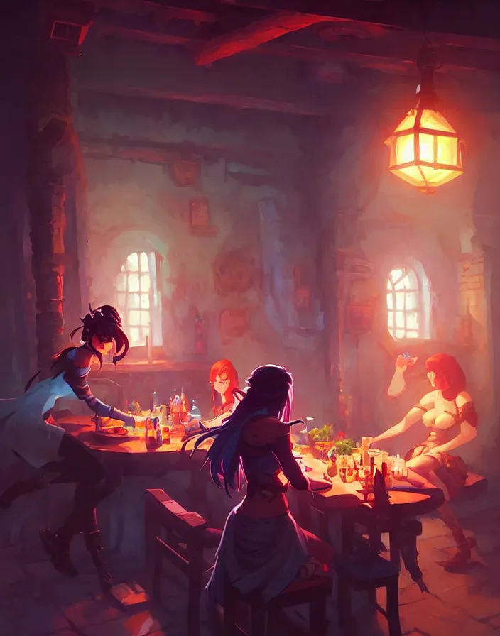 Image similar to super epically realized digital art depicting a rogue in a tavern, by stephen bliss, greg rutkowski, loish, rhads, makoto shinkai and lois van baarle, ilya kuvshinov, rossdraws.