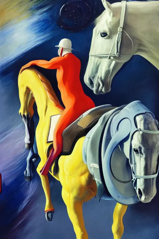 Image similar to a horse sits astride an astronaut, hauntingly surreal, highly detailed painting by francis bacon, edward hopper, adrian ghenie, gerhard richter, and james jean soft light 4 k,