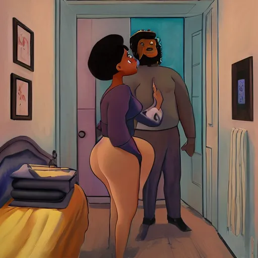 Prompt: stunning, coherent, beautiful painting, still of a giant man following a beautiful black bbw woman into her bedroom , she is taking a selfie of the creepy man is following her, 3d, in the style of pixar, comic book style, 3d, highly detailed, highly detailed, sharp focus, bokeh, depth of field, 16k resolution, Unreal Engine 5, coherent, cinematic lighting, photorealistic, by Zhang Jingna