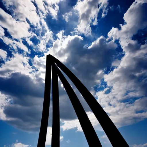 Prompt: Futuristic iron arch that reflects the sky, dramatic photo, high contrast