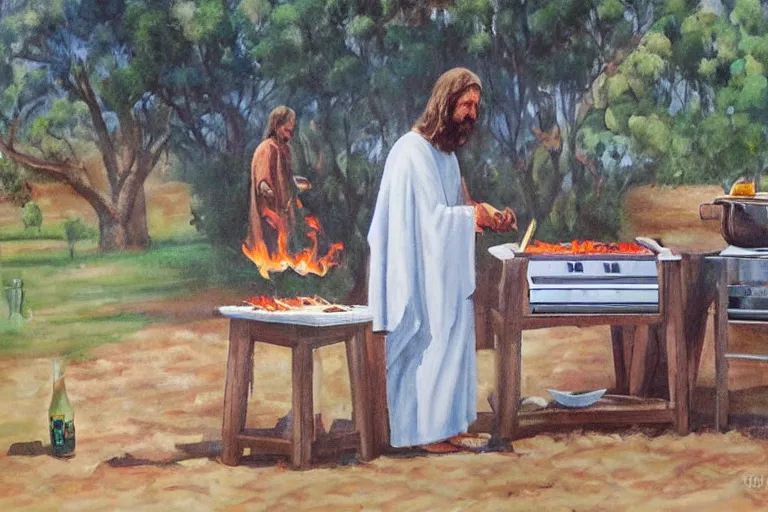 Prompt: painting of Australian Jesus cooking at BBQ, by Reg Mombasa