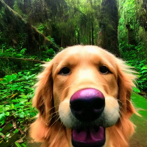 Image similar to selfie of a golden retriever dog showing tongue in front of a rainforest