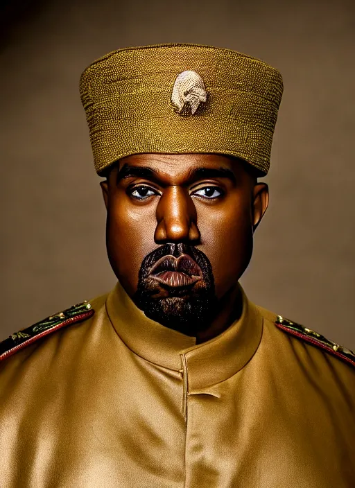 Image similar to kanye west as muammar kadhafi and emperor napoleon, splash art, movie still, detailed face, cinematic lighting, dramatic, octane render, long lens, shallow depth of field, bokeh, anamorphic lens flare, 8 k, hyper detailed, 3 5 mm film grain