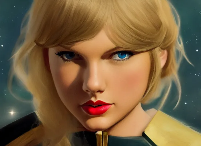 Image similar to a disney film still of taylor swift as a star trek officer, finely detailed features, closeup of the face, perfect art, dusk, blue hour, gapmoe yandere grimdark, trending on pixiv fanbox, painted by greg rutkowski, makoto shinkai, takashi takeuchi, alphonse mucha, akihiko yoshida