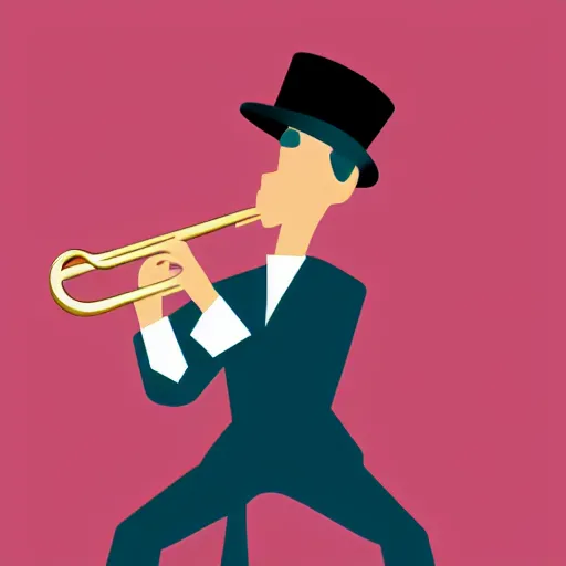 Prompt: modern vector graphic of a singular seated jazz musician with a bowler hat playing a sizzling trumpet solo, 8 colors